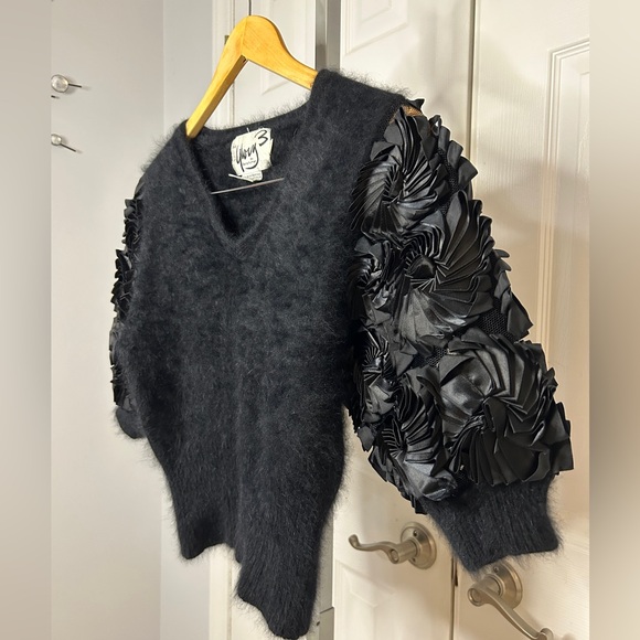 Vintage 80s Black Angora Puff Sleeve Cropped Sweater by Gloria Furman | Glory 3 - Picture 3 of 6